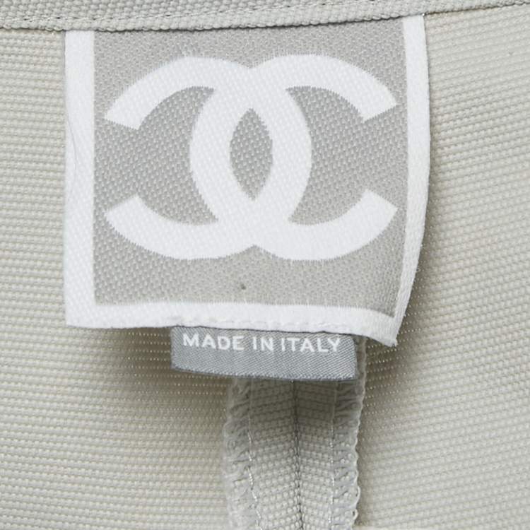 Pre Owned Chanel Grey /White Logo Applique Cotton & Nylon Trousers S