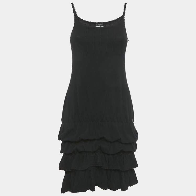 Pre Owned Chanel Black Wool Knit Ruffled Mini Dress S