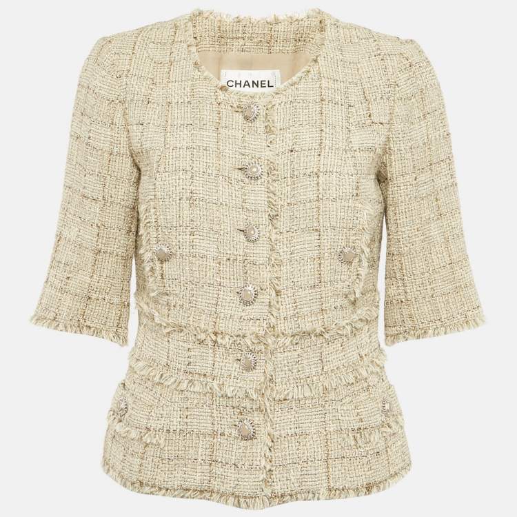 Pre Owned Chanel Beige Tweed Short Sleeve Jacket M