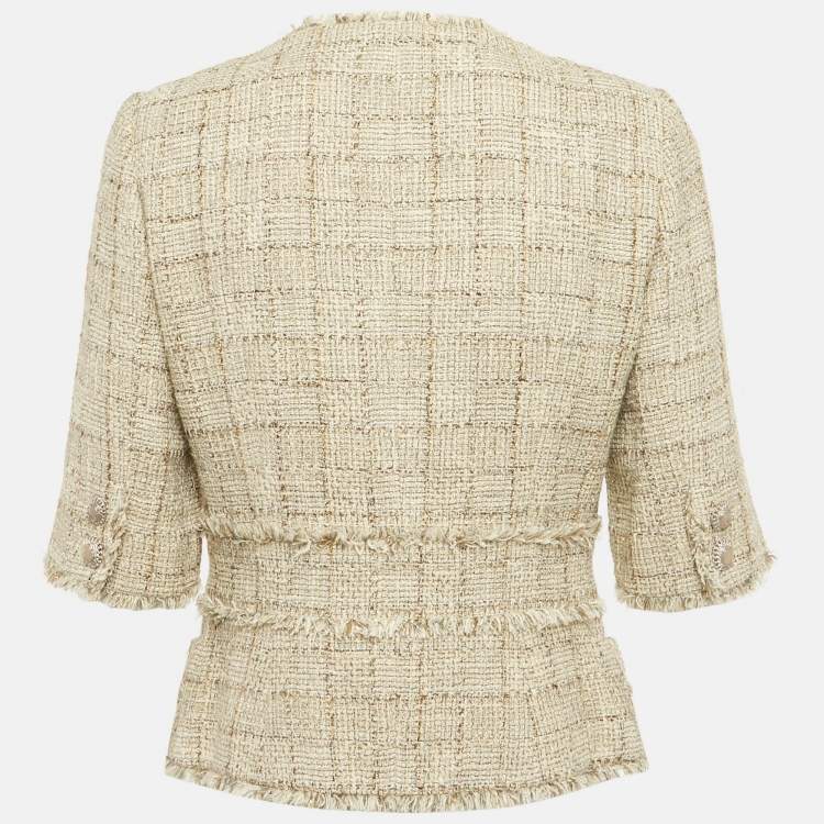 Pre Owned Chanel Beige Tweed Short Sleeve Jacket M