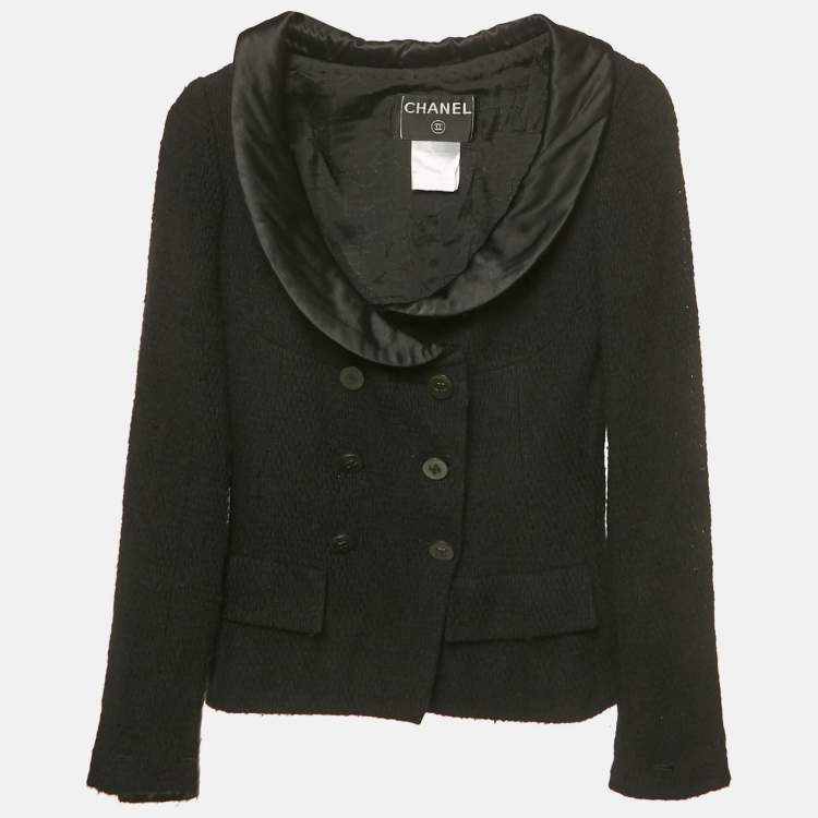 Pre Owned Chanel Black Satin Collar Tweed Jacket S