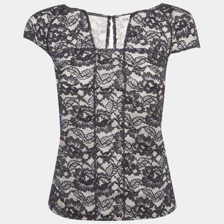 Pre Owned Chanel Navy Blue Lace Top S