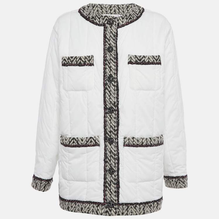 Pre Owned Chanel White Tweed Trim Nylon Puffer Jacket XL