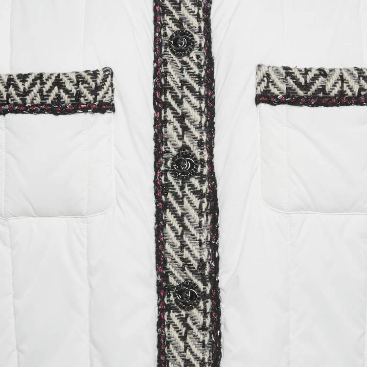 Pre Owned Chanel White Tweed Trim Nylon Puffer Jacket XL