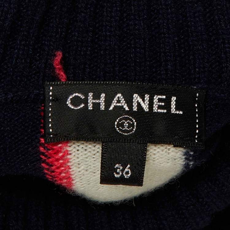 Pre Owned Chanel Navy Blue Striped Cashmere Turtle Neck Sweater S