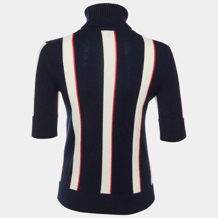 Pre Owned Chanel Navy Blue Striped Cashmere Turtle Neck Sweater S