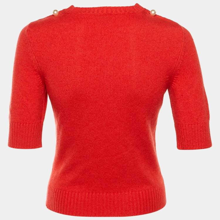 Pre Owned Chanel Red Cashmere Pearl Detail Short Sleeve Jumper S