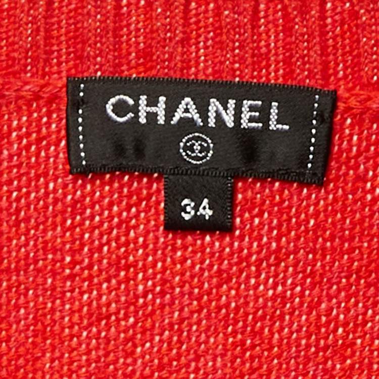 Pre Owned Chanel Red Cashmere Pearl Detail Short Sleeve Jumper S