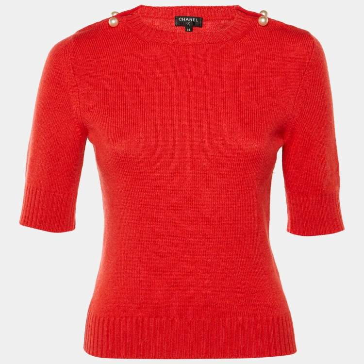 Pre Owned Chanel Red Cashmere Pearl Detail Short Sleeve Jumper S