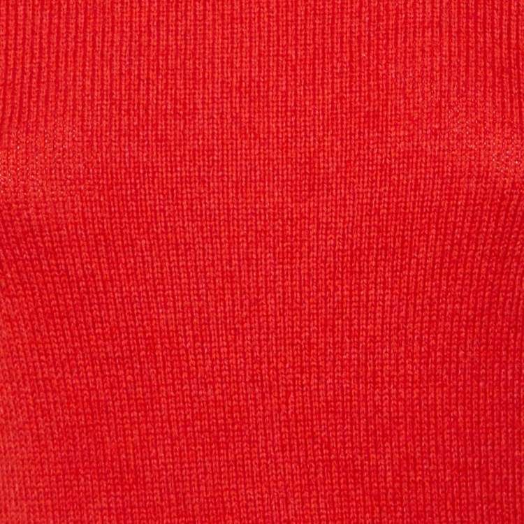 Pre Owned Chanel Red Cashmere Pearl Detail Short Sleeve Jumper S
