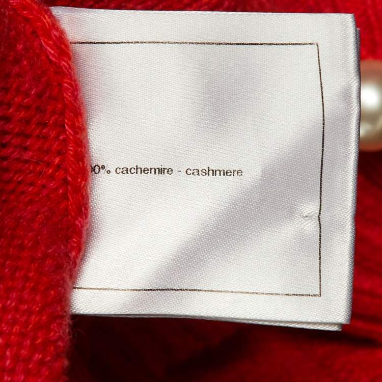 Pre Owned Chanel Red Cashmere Pearl Detail Short Sleeve Jumper S