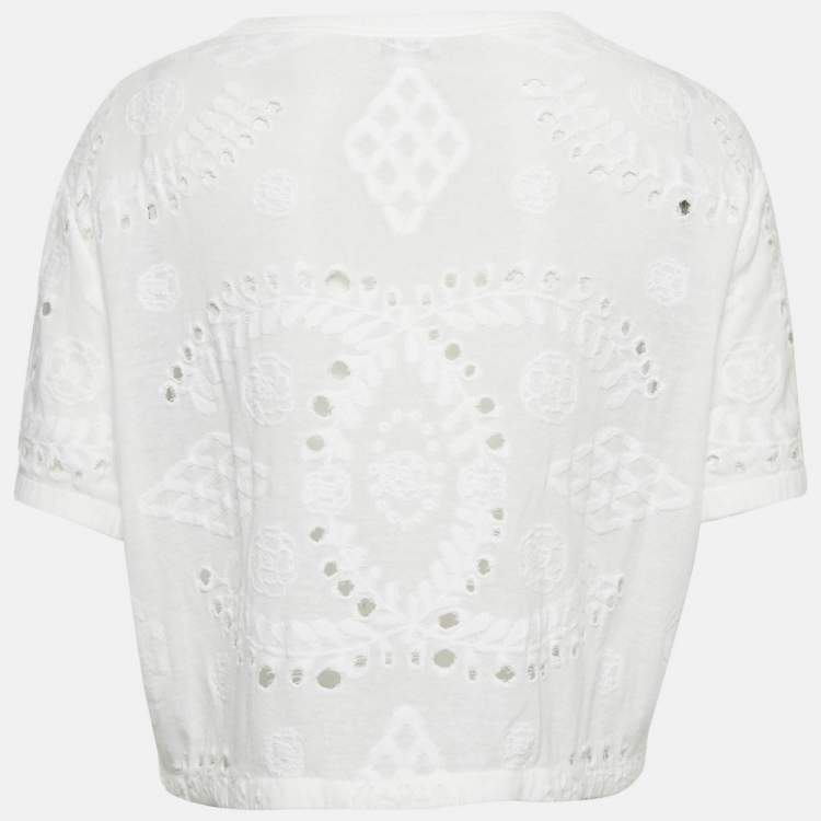 Pre Owned Chanel White Broderie Anglaise Jersey Crop Top M