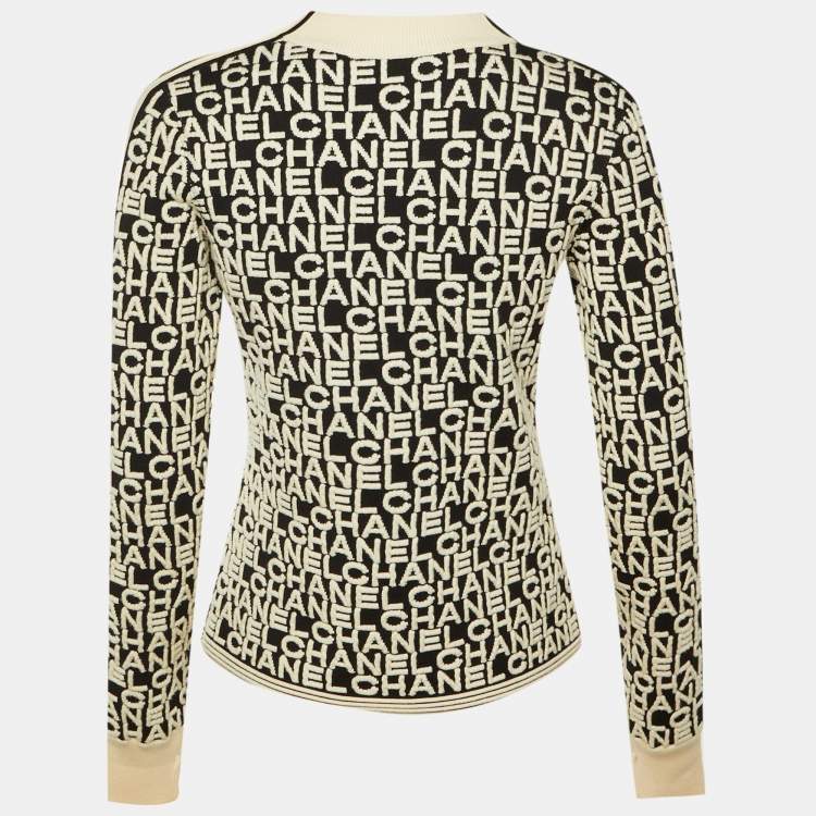 Pre Owned كنزة شانيل مونوكروم شعار جاكار مزيج صوف مقاس وسط (ميديوم)