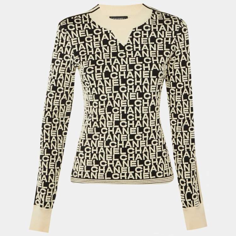 Pre Owned كنزة شانيل مونوكروم شعار جاكار مزيج صوف مقاس وسط (ميديوم)