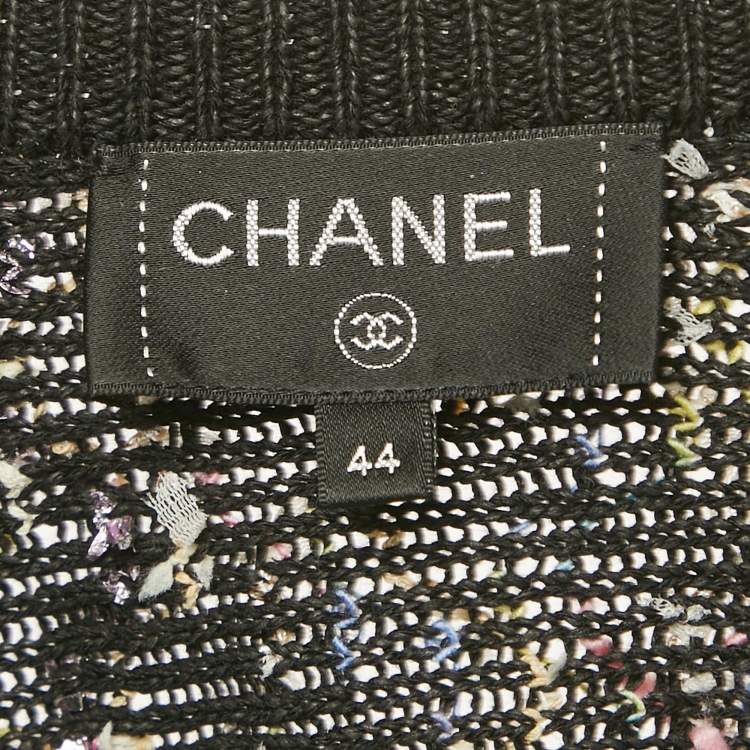 Pre Owned Chanel Black Embellished Knit Raw Hem Cardigan L