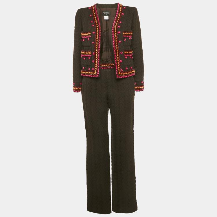 Pre Owned Chanel Vintage Brown Boucle Contrast Detail Open Front Jacket and Pants Set M