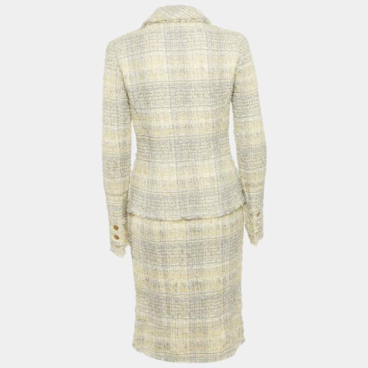 Pre Owned Chanel Yellow & Grey Tweed Blazer, Skirt & Tie Set M