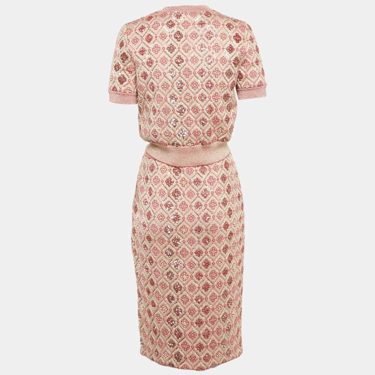 Pre Owned Chanel Pink Sequin Embellished Lurex Knit Skirt Set M