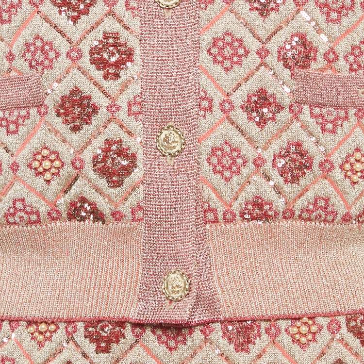 Pre Owned Chanel Pink Sequin Embellished Lurex Knit Skirt Set M
