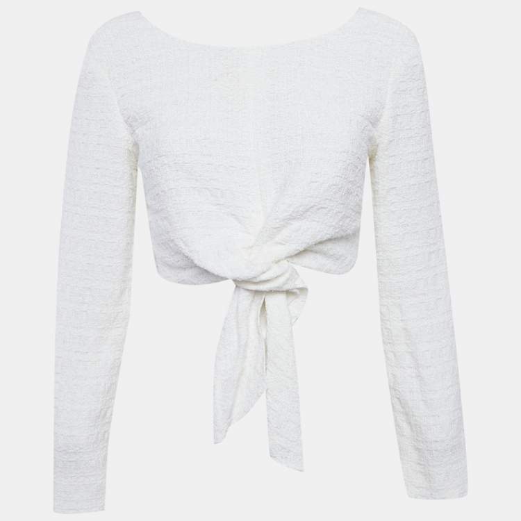 مملوكة مسبقًا Chanel White Boucle Button Front Crop Top M