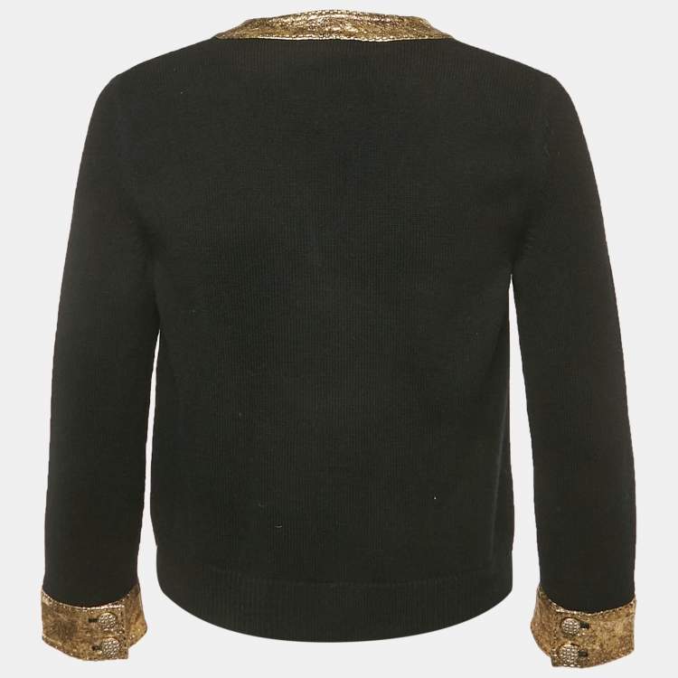 Pre Owned Chanel Black/Gold Metallic Coated Leather Cardigan S