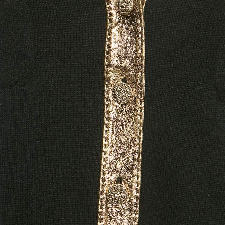 Pre Owned Chanel Black/Gold Metallic Coated Leather Cardigan S
