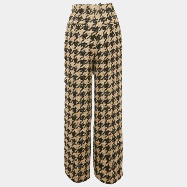 Pre Owned Chanel Beige/Black Houndstooth Tweed Lurex Trousers S
