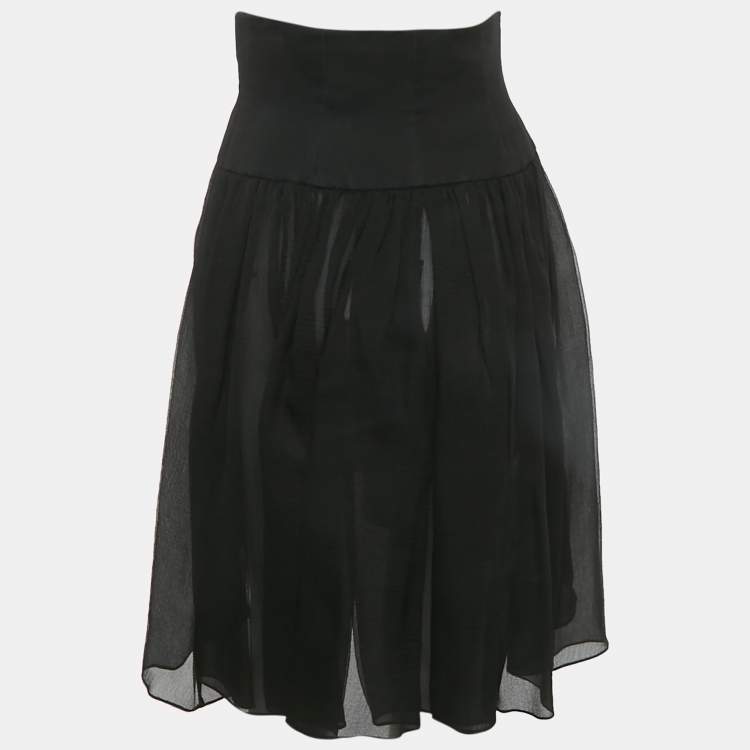 Pre Owned Chanel Black Crinkle Silk Asymmetric Short Skirt M