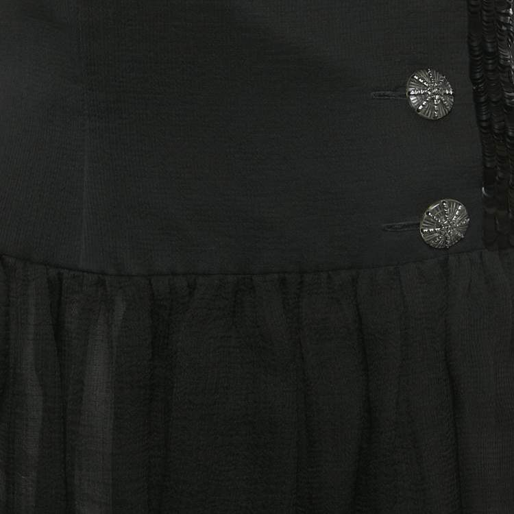 Pre Owned Chanel Black Crinkle Silk Asymmetric Short Skirt M