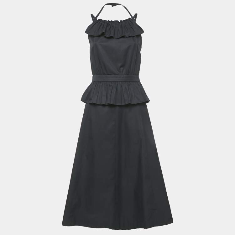 Pre Owned Chanel Navy Blue Gabardine Ruffled Long Dress S