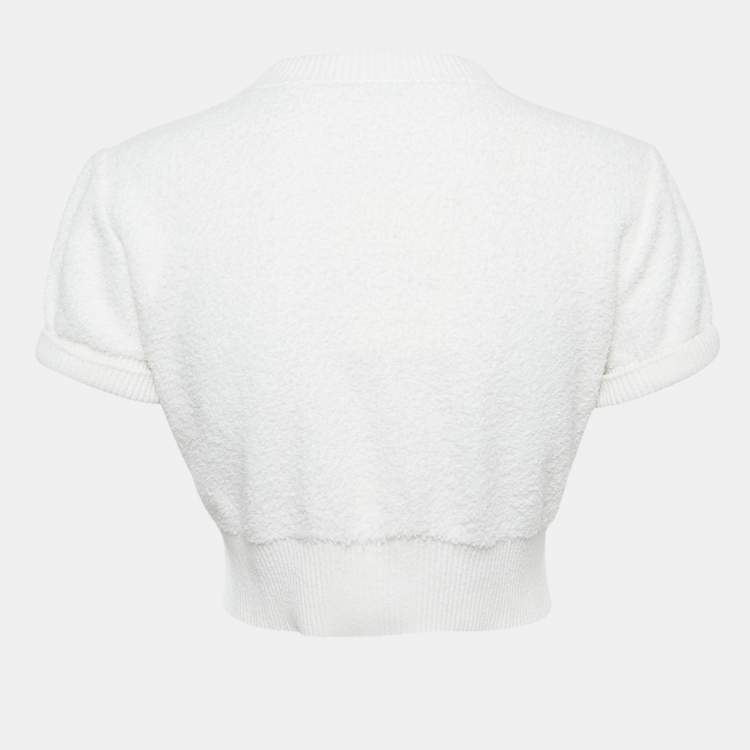 Pre Owned Chanel White Logo Intarsia Terry Crop Top M