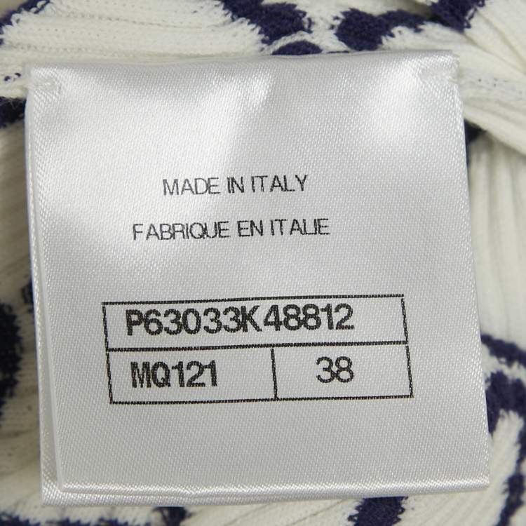 Pre Owned ChaneL White/Blue Patterned Rib Knit CC Detail Top M