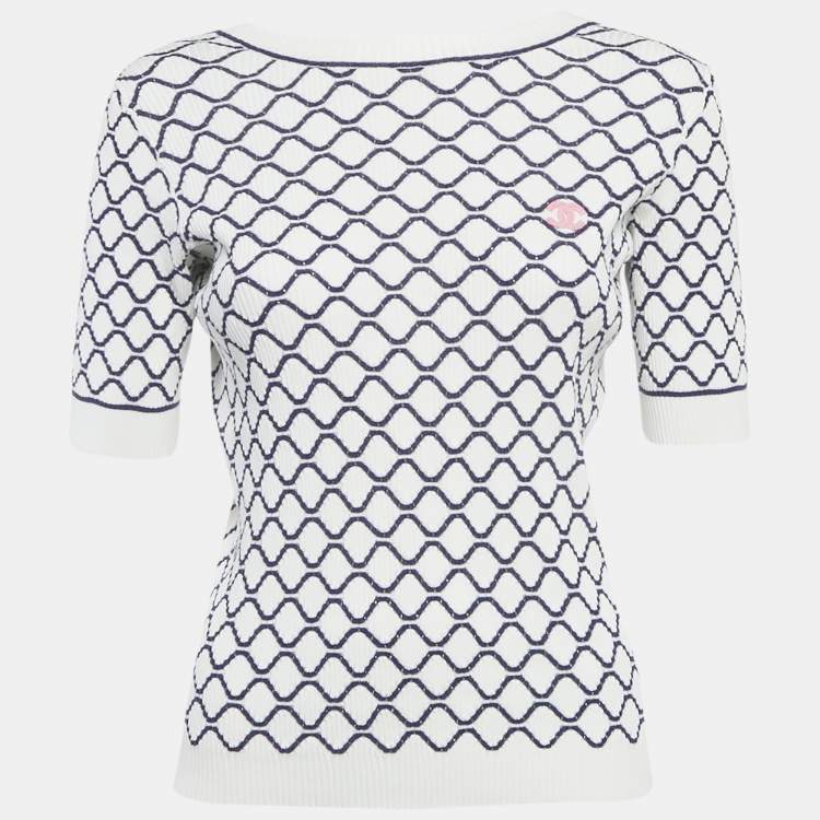 Pre Owned ChaneL White/Blue Patterned Rib Knit CC Detail Top M