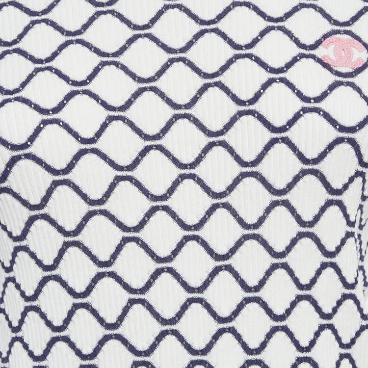 Pre Owned ChaneL White/Blue Patterned Rib Knit CC Detail Top M