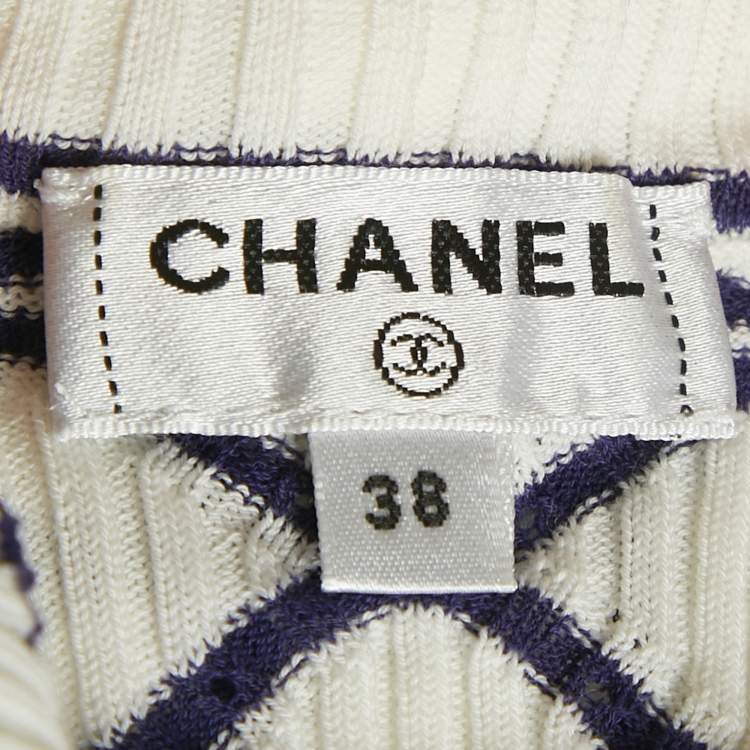 Pre Owned ChaneL White/Blue Patterned Rib Knit CC Detail Top M