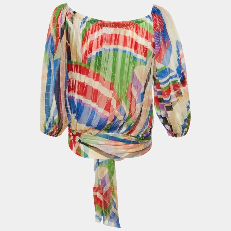 Pre Owned Chanel Multicolor Printed Silk Tie Up Sheer Blouse M