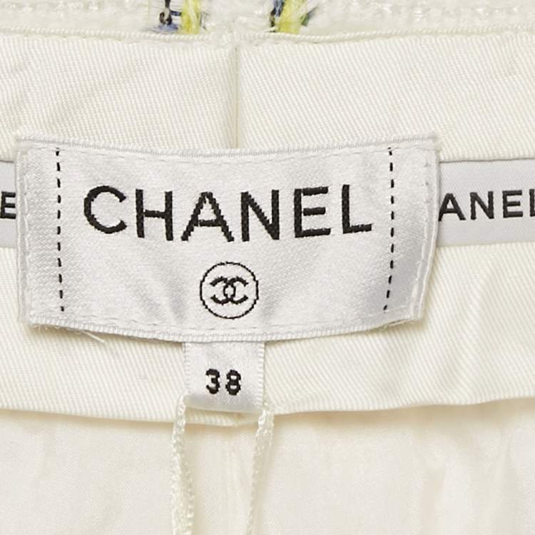 Pre Owned Chanel White Checkered Tweed Trousers M