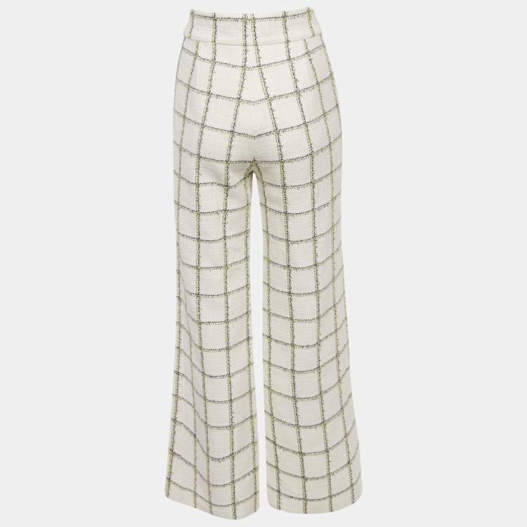 Pre Owned Chanel White Checkered Tweed Trousers M