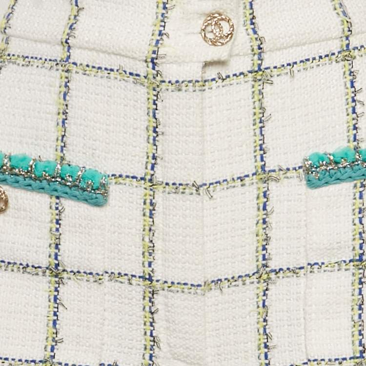 Pre Owned Chanel White Checkered Tweed Trousers M