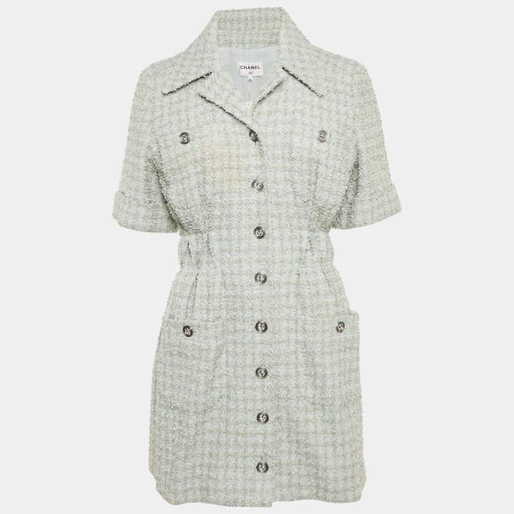 Pre Owned Chanel Blue Tweed Collared Mini Dress M