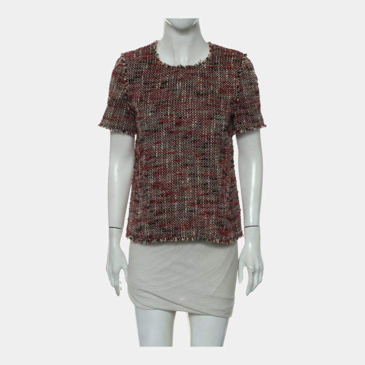 Pre Owned Chanel Red Tweed Short Sleeve Top 