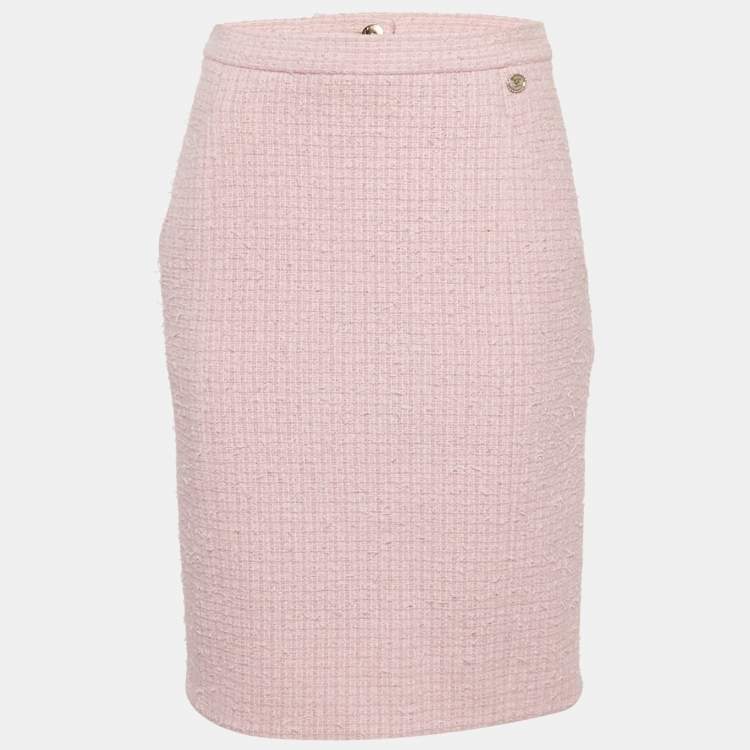 Pre Owned Chanel Pink Tweed Straight Mini Skirt M