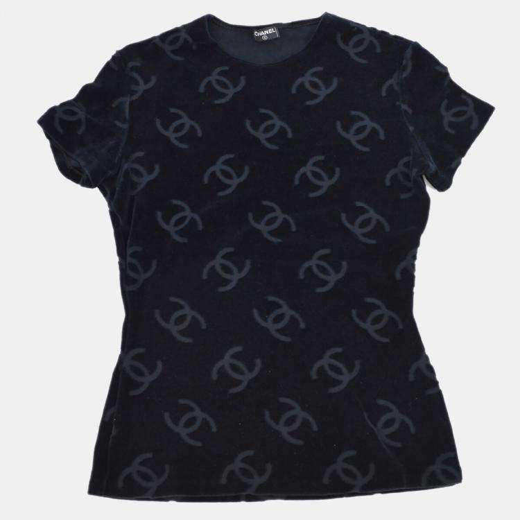 Pre Owned Chanel Round Neck Short Sleeve T-Shirt Top Black L