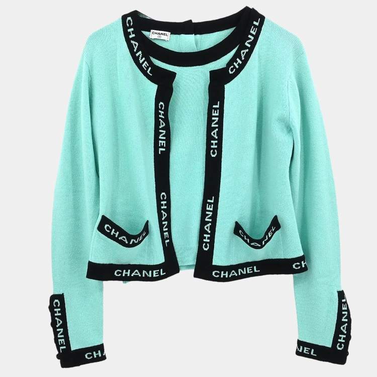 Pre Owned Chanel Ensemble Cardigan Short Sleeve Top Light Green