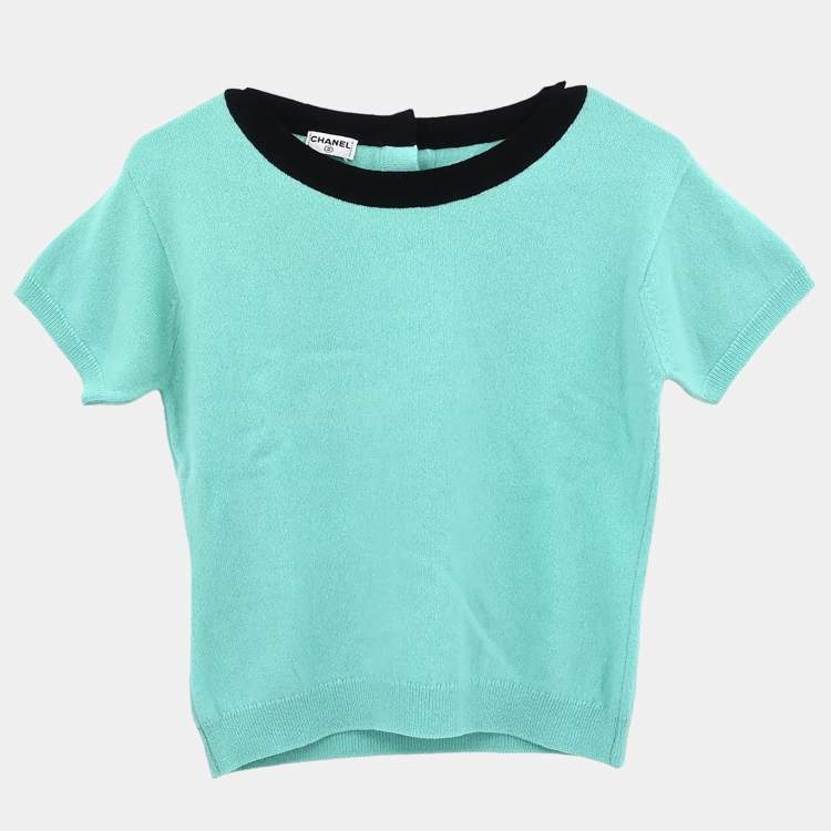 Pre Owned Chanel Ensemble Cardigan Short Sleeve Top Light Green