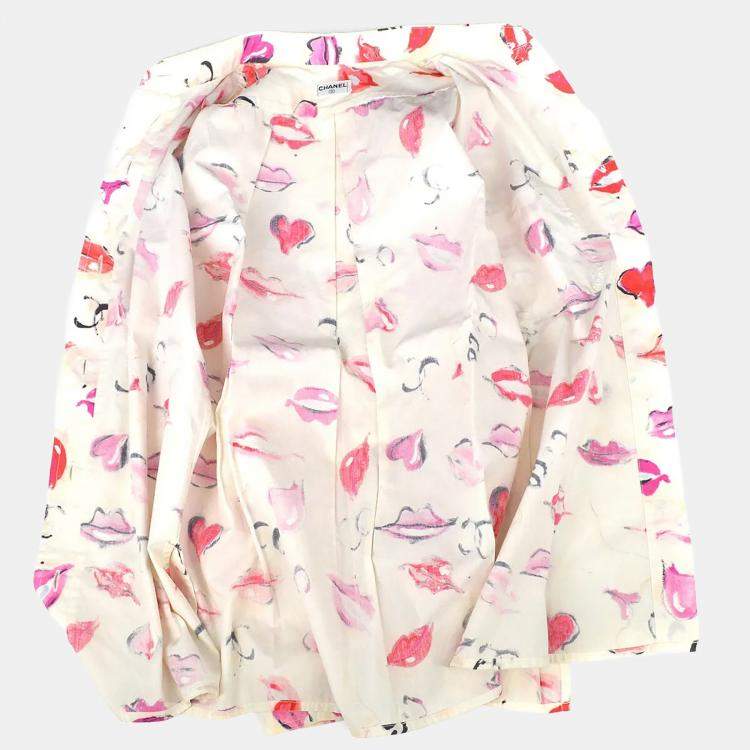 Pre Owned Chanel Lips Pattern Front Opening Long Sleeve Top Shirt White Cotton Size M