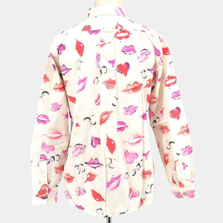 Pre Owned Chanel Lips Pattern Front Opening Long Sleeve Top Shirt White Cotton Size M