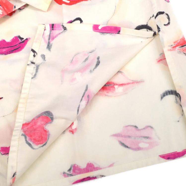 Pre Owned Chanel Lips Pattern Front Opening Long Sleeve Top Shirt White Cotton Size M