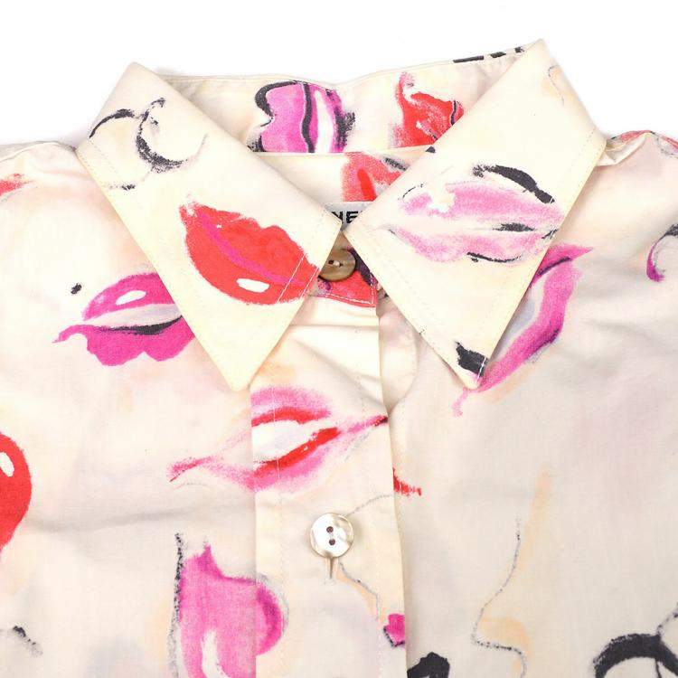Pre Owned Chanel Lips Pattern Front Opening Long Sleeve Top Shirt White Cotton Size M