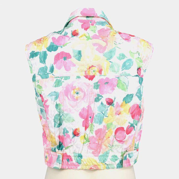 Pre Owned Chanel 03272 Flower Pattern Sleeveless Zip Up Shirt Top White Pink M